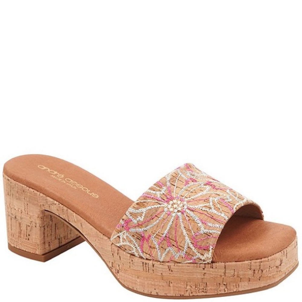 Pre loved/ Worn Once Andre Assous Cypress Floral Embroidered Cork Platform- 7.5